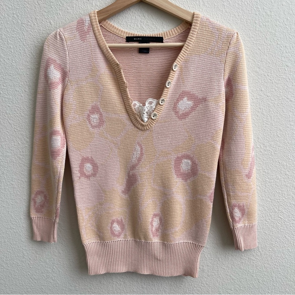 MARC JACOBS Light Pink Creme Coquette Floral Print Button Up Lace Knit Sweater